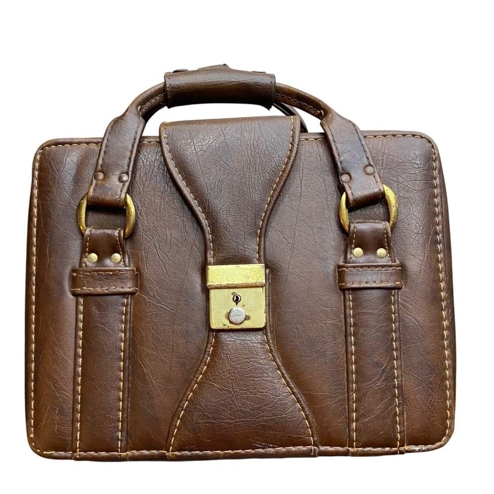 Vintage Brown Faux Leather Briefcase Camera Case Box Bag‎ Brass Hardware Retro